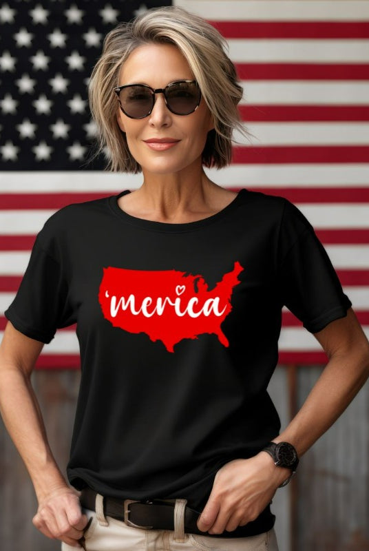 Graphic of the map of the USA with the text 'Merica' on the front of a black graphic tee.