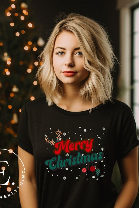 Get ready to take a trip down memory lane with our Merry Christmas retro letters shirt on a black colored shirt. 