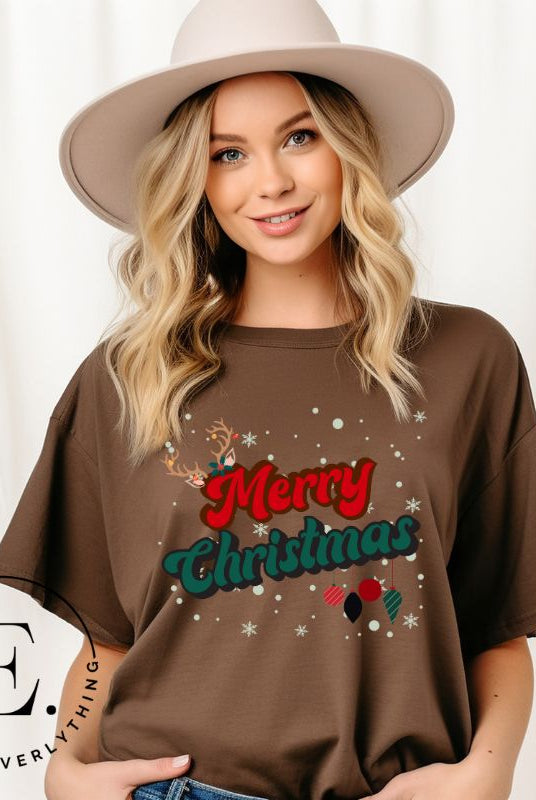 Get ready to take a trip down memory lane with our Merry Christmas retro letters shirt on a brown colored shirt. 