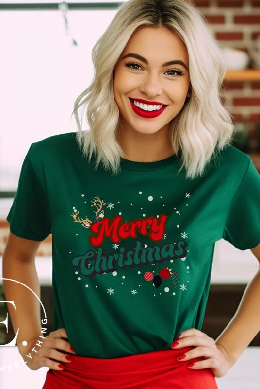 Get ready to take a trip down memory lane with our Merry Christmas retro letters shirt on a green colored shirt. 