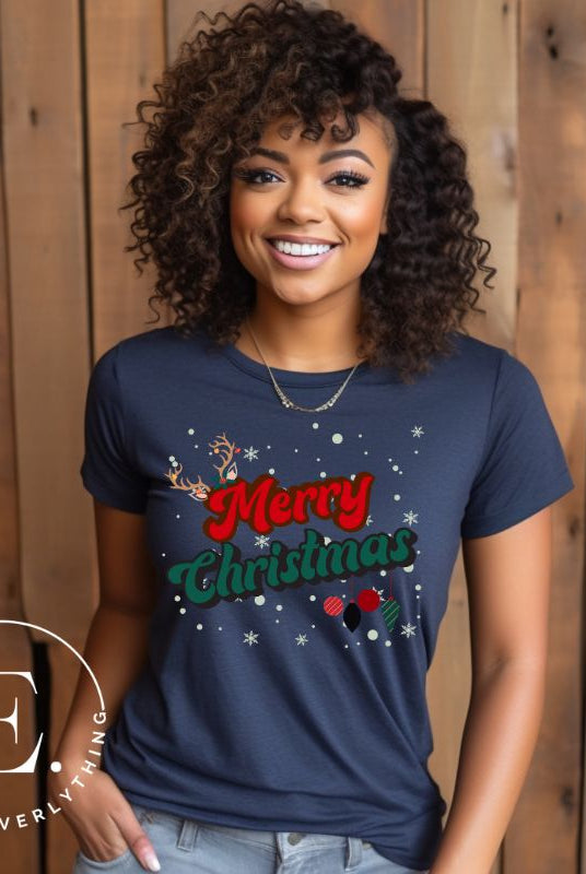 Get ready to take a trip down memory lane with our Merry Christmas retro letters shirt on a navy colored shirt. 