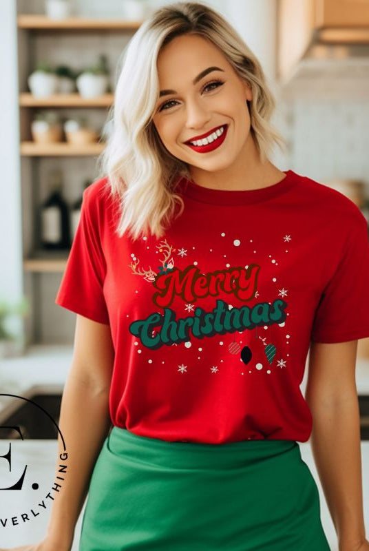 Get ready to take a trip down memory lane with our Merry Christmas retro letters shirt on a red colored shirt.