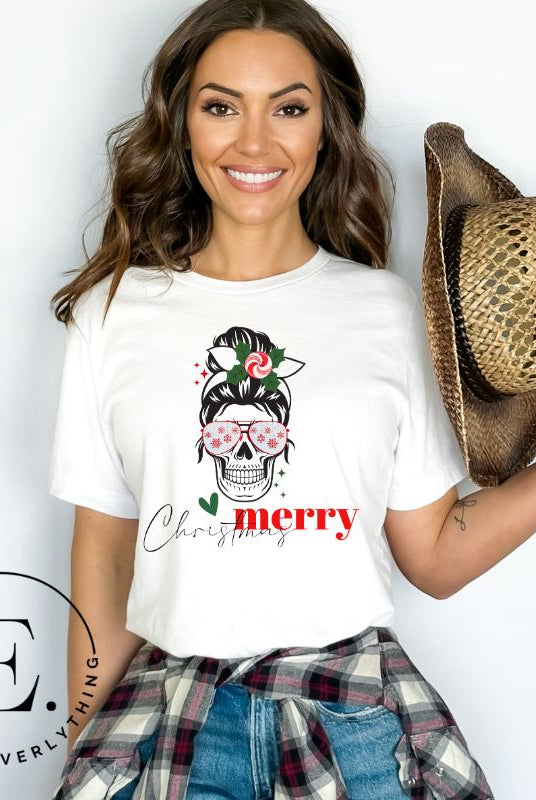 Get into the festive spirit with our Merry Christmas messy bun skull shirt design on a white colored shirt. 
