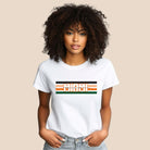 Bella + Canvas 3001 unisex t-shirt featuring the University of Miami design with black, orange, and green stripes and "Miami" text in the center on a white shirt.