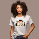 Bella + Canvas 3001 unisex shirt featuring a rainbow design in orange, green, and black with "Miami" text and decorative hearts and dots on a white shirt.