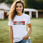 "North Carolina" in bold red and white text on a black and red striped background across the chest on a white shirt.