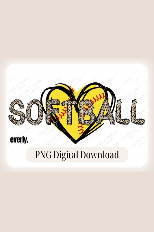 PNG Sublimation digital download design of a softball in a heart with the word softball in cheetah print. 