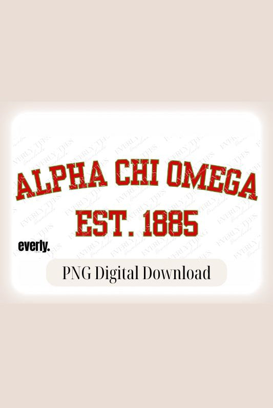 Alpha Chi Omega Est 1885 Sports lettering PNG sublimation digital download design, watermark image. 
