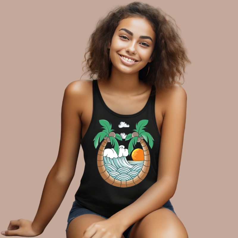 Next Level women's racerback tank top in black featuring a vibrant summer design with two palm trees forming an arch over a wave and sunset graphic, showcasing a relaxed and beachy vibe