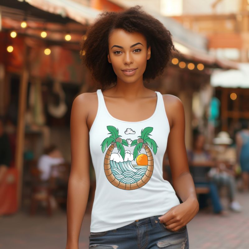 Next Level women's racerback tank top in heather white featuring a vibrant summer design with two palm trees forming an arch over a wave and sunset graphic, showcasing a relaxed and beachy vibe