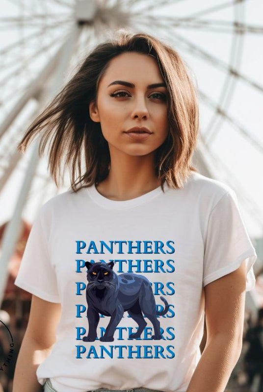 Show your Panthers pride with our Bella Canvas 3001 unisex graphic t-shirt featuring the dynamic 'Panthers Panthers Panthers Panthers' design, complete with a fierce black panther illustration on a white shirt.
