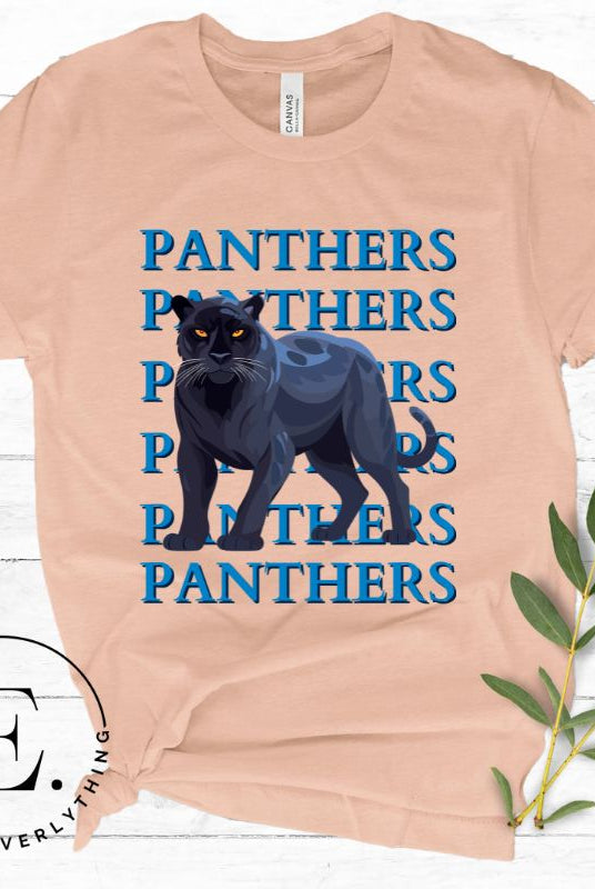 Show your Panthers pride with our Bella Canvas 3001 unisex graphic t-shirt featuring the dynamic 'Panthers Panthers Panthers Panthers' design, complete with a fierce black panther illustration on a heather prism peach shirt. 