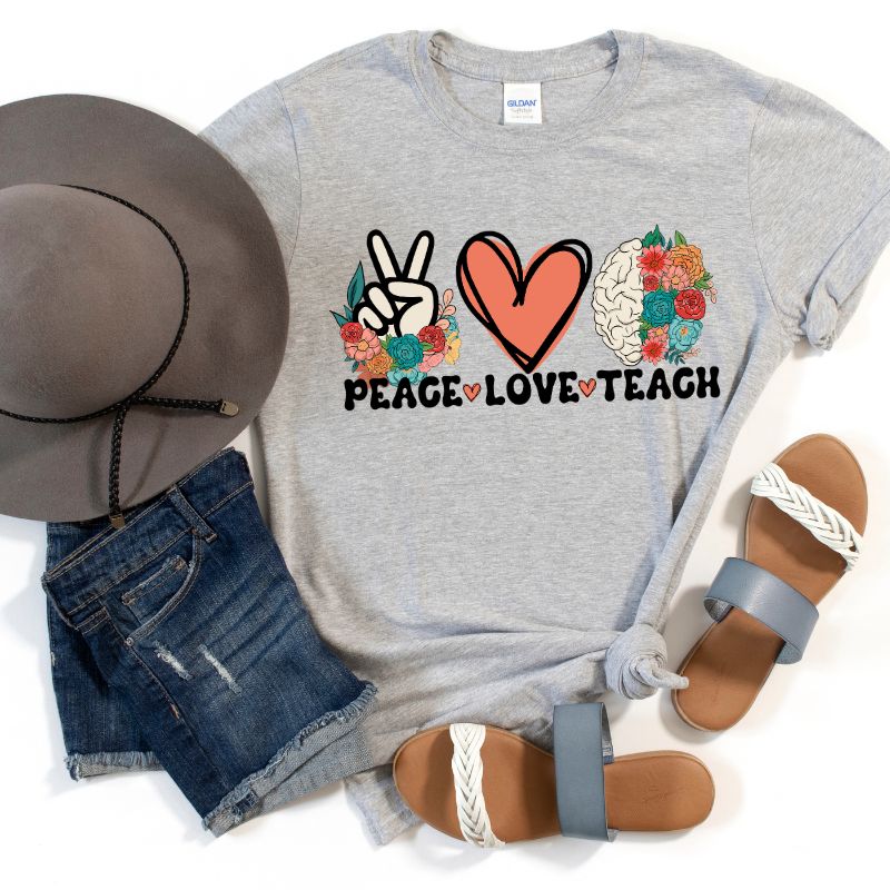 Peace Love Teach PNG Sublimation Design on a grey graphic tee
