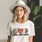 Peace Love Teach PNG Sublimation Design on a white graphic tee
