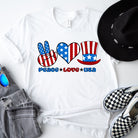 Peace Love USA PNG Sublimation Digital Download design, on a white graphic tee.