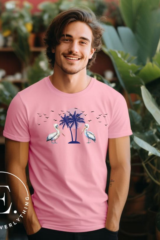 Elevate your beach style with our Beach shirt featuring two majestic pelicans facing each other. Set against a backdrop of a breathtaking sunset and a swaying palm tree on a pink shirt. 