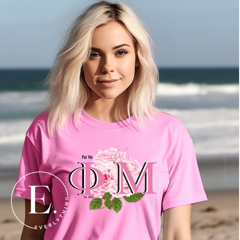Elevate your Phi Mu sisterhood with our premium sublimation t-shirt download. Featuring the sorority's letters and the vibrant pink carnation on a pink shirt. 
