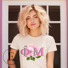 Elevate your Phi Mu sisterhood with our premium sublimation t-shirt download. Featuring the sorority's letters and the vibrant pink carnation on a soft cream shirt. 