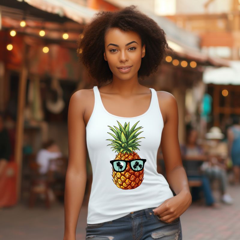 Women's racerback tank top in heather white featuring a graphic of a pineapple wearing sunglasses