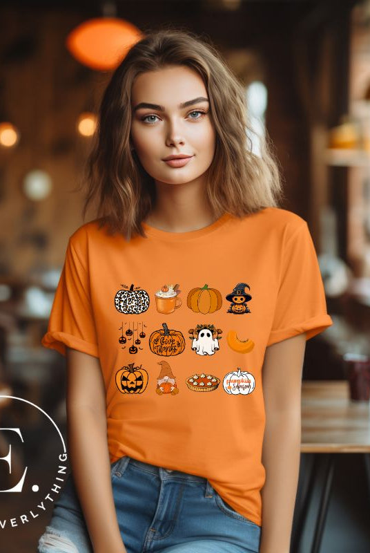 Celebrate Halloween with our captivating pumpkin-themed shirt! This design is perfect for pumpkin enthusiasts and casual wear. Let the pumpkins take center stage on an orange shirt. 