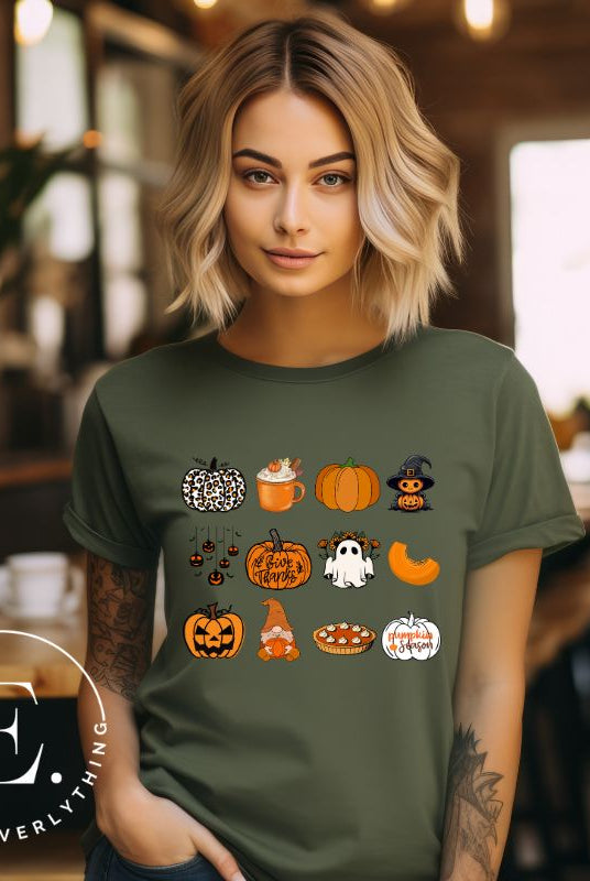 Celebrate Halloween with our captivating pumpkin-themed shirt! This design is perfect for pumpkin enthusiasts and casual wear. Let the pumpkins take center stage on a green shirt. 