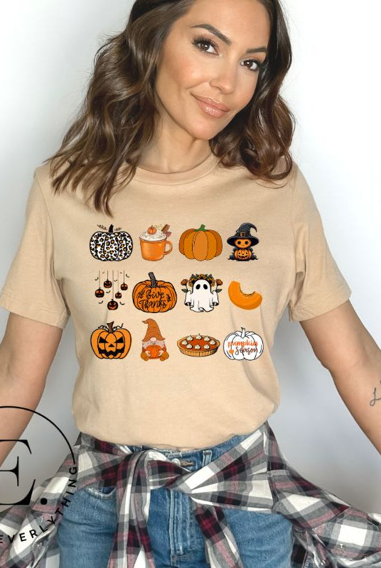 Celebrate Halloween with our captivating pumpkin-themed shirt! This design is perfect for pumpkin enthusiasts and casual wear. Let the pumpkins take center stage on a tan shirt. 
