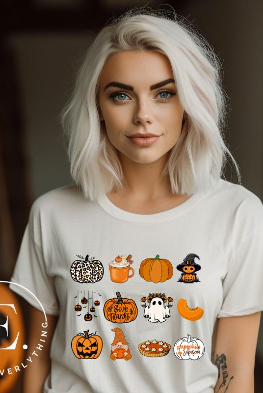 Celebrate Halloween with our captivating pumpkin-themed shirt! This design is perfect for pumpkin enthusiasts and casual wear. Let the pumpkins take center stage on a white shirt. 
