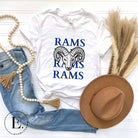 Unleash the Rams spirit with our Bella Canvas 3001 unisex tee! Elevate your game day style with the mantra 'Rams Rams Rams Rams' and a bold Rams head illustration on a white shirt. 