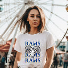 Unleash the Rams spirit with our Bella Canvas 3001 unisex tee! Elevate your game day style with the mantra 'Rams Rams Rams Rams' and a bold Rams head illustration on a white shirt.