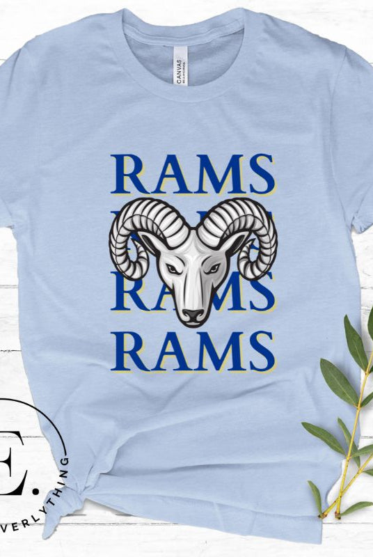 Unleash the Rams spirit with our Bella Canvas 3001 unisex tee! Elevate your game day style with the mantra 'Rams Rams Rams Rams' and a bold Rams head illustration on a light blue shirt. 