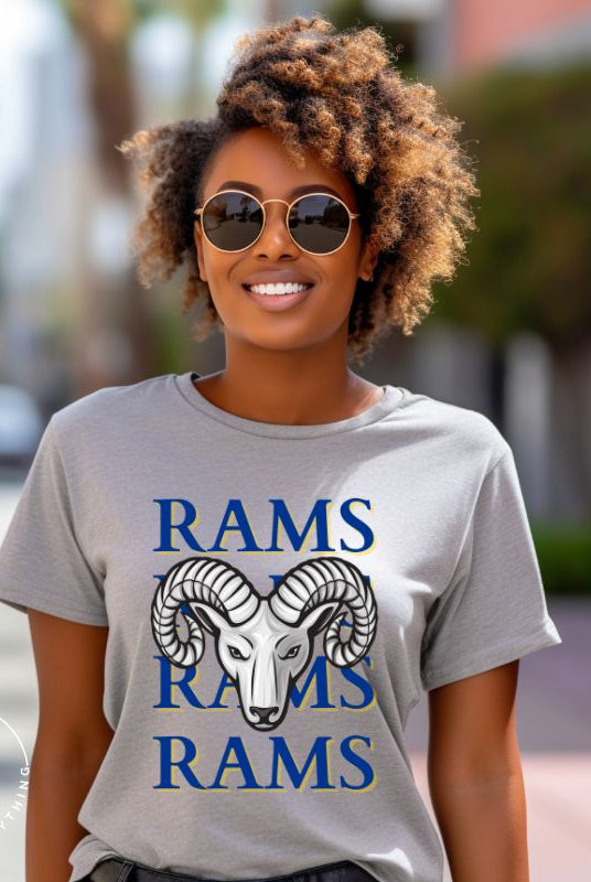 Unleash the Rams spirit with our Bella Canvas 3001 unisex tee! Elevate your game day style with the mantra 'Rams Rams Rams Rams' and a bold Rams head illustration on a grey shirt. 