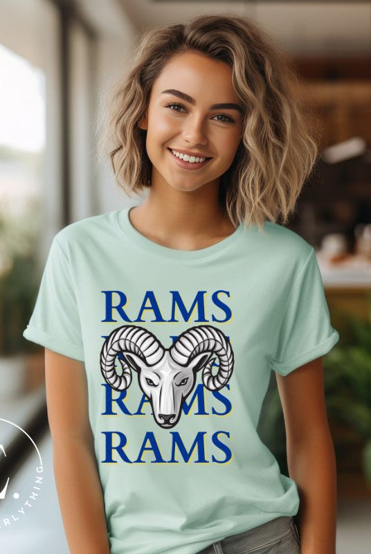 Unleash the Rams spirit with our Bella Canvas 3001 unisex tee! Elevate your game day style with the mantra 'Rams Rams Rams Rams' and a bold Rams head illustration on a mint shirt. 