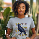 Fly high with our Bella Canvas 3001 unisex tee showcasing the spirited 'Ravens Ravens Ravens Ravens' design and a majestic Raven illustration on a grey shirt. 