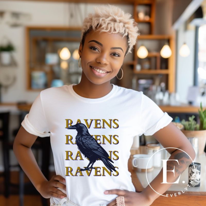 Fly high with our Bella Canvas 3001 unisex tee showcasing the spirited 'Ravens Ravens Ravens Ravens' design and a majestic Raven illustration on a white shirt. 