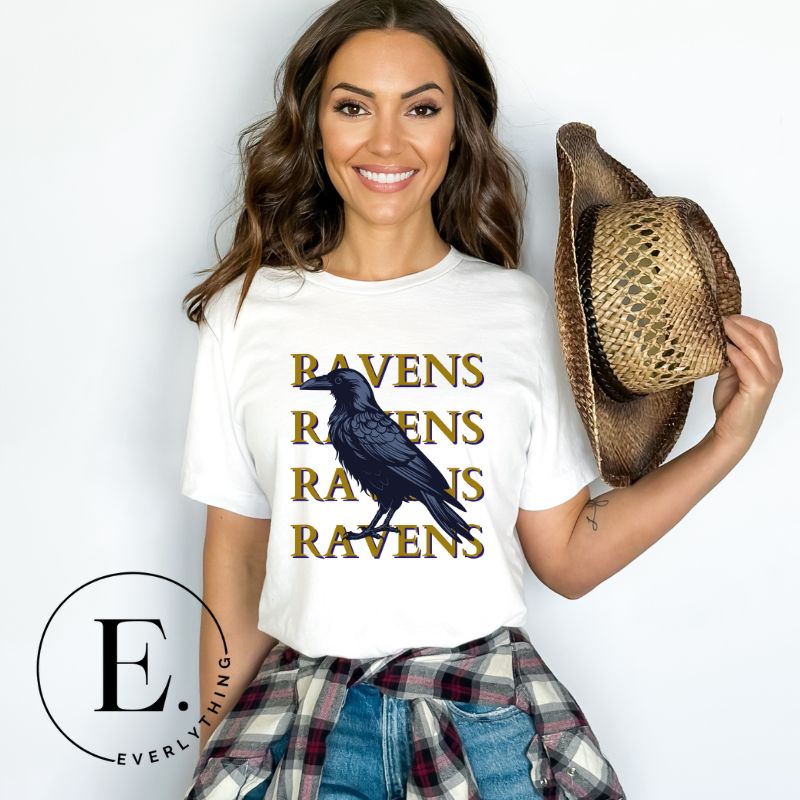 Fly high with our Bella Canvas 3001 unisex tee showcasing the spirited 'Ravens Ravens Ravens Ravens' design and a majestic Raven illustration on a white shirt. 