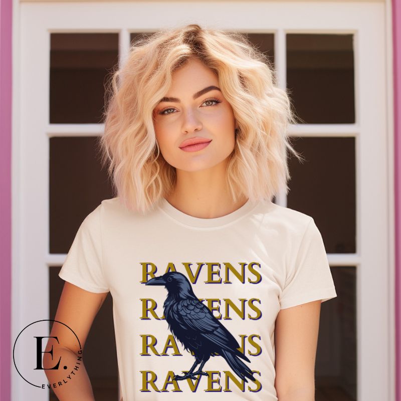 Fly high with our Bella Canvas 3001 unisex tee showcasing the spirited 'Ravens Ravens Ravens Ravens' design and a majestic Raven illustration on a soft cream shirt. 