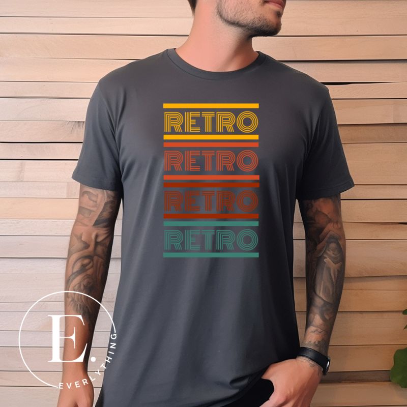 Step into the world of vintage fashion with our Retro Retro Retro Retro shirt. This stylish shirt proudly showcase the word 'retro' repeated four times, making a bold statement on a dark grey shirt. 