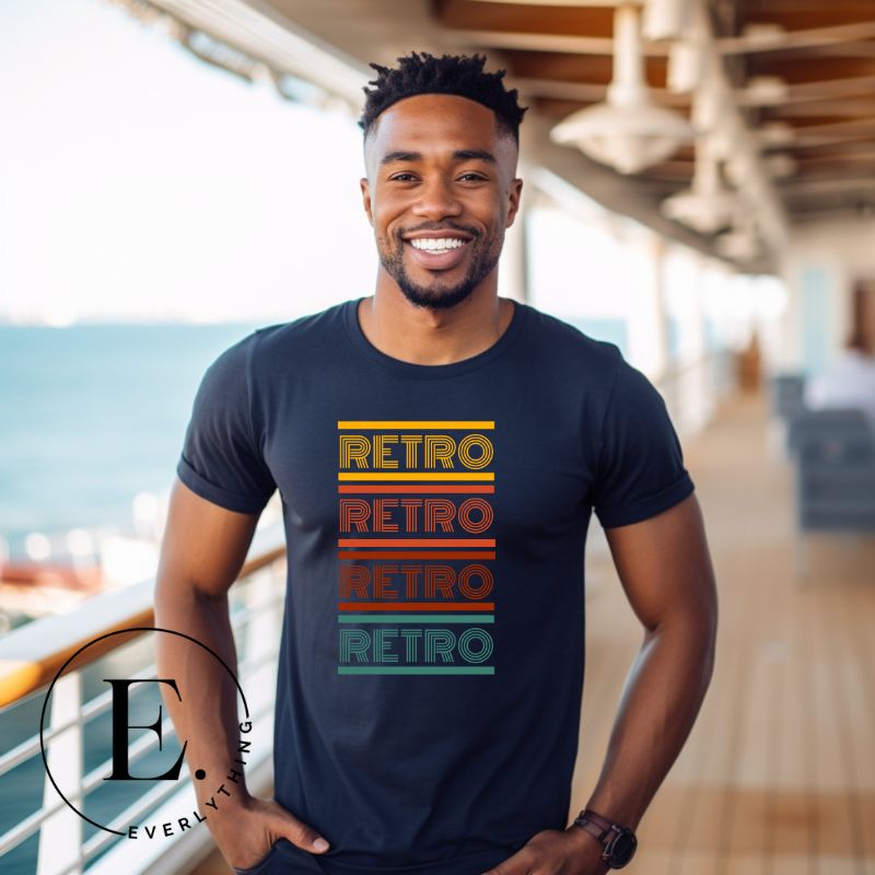 Step into the world of vintage fashion with our Retro Retro Retro Retro shirt. This stylish shirt proudly showcase the word 'retro' repeated four times, making a bold statement on a navy shirt. 
