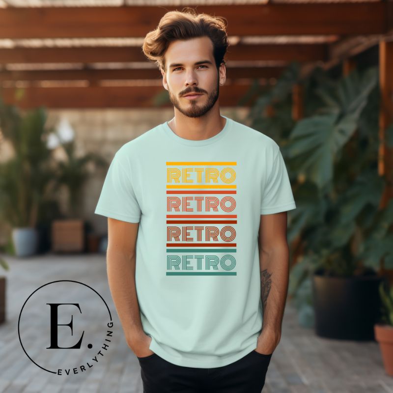 Step into the world of vintage fashion with our Retro Retro Retro Retro shirt. This stylish shirt proudly showcase the word 'retro' repeated four times, making a bold statement on a mint shirt. 