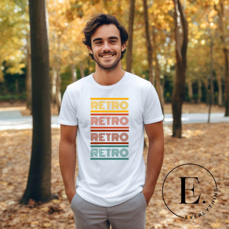 Step into the world of vintage fashion with our Retro Retro Retro Retro shirt. This stylish shirt proudly showcase the word 'retro' repeated four times, making a bold statement on a white shirt. 