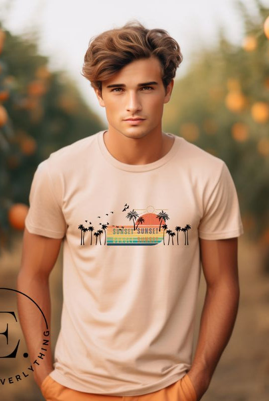 Transport yourself to a nostalgic beach getaway with our Retro Beach Shirt. Adorned with a captivating scene of a vintage sunset, palm trees, and seagulls soaring above on a tan shirt. 