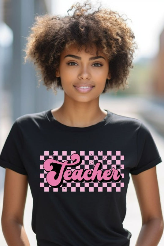 Teacher Retro Lettering PNG Sublimation Design on a black graphic tee