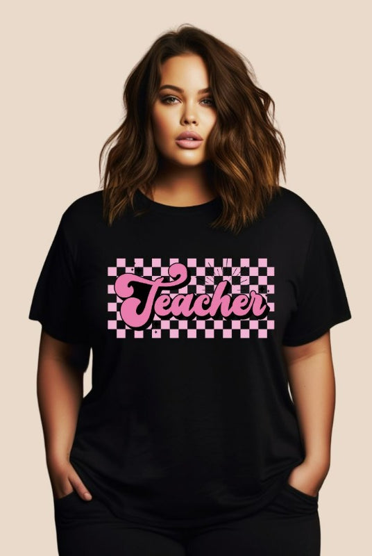 Retro lettering design with the word 'teacher' on a checkered background, featured on a teacher graphic tee. Perfect for teacher shirts and teacher gifts. Black graphic tees.