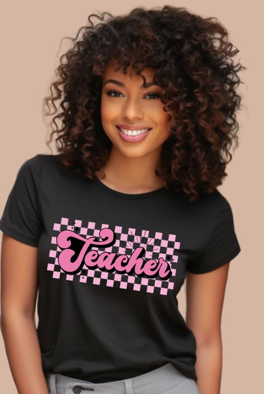 Teacher Retro Lettering PNG Sublimation Design on a black graphic tee