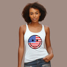 Close-up of a USA July 4th graphic Next Level Racerback Tank Top with a retro smiley face design on the front. The tank top features a patriotic color scheme and is perfect for adding a fun and playful touch to your Independence Day celebrations.