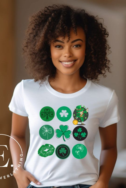 Celebrate Saint Patrick's Day in style with our Bella Canvas 3001 unisex graphic t-shirt! Get ready for the luckiest day of the year with our festive design featuring 3 rows of 3 vibrant and whimsical Saint Patrick's Day images on a white shirt. 