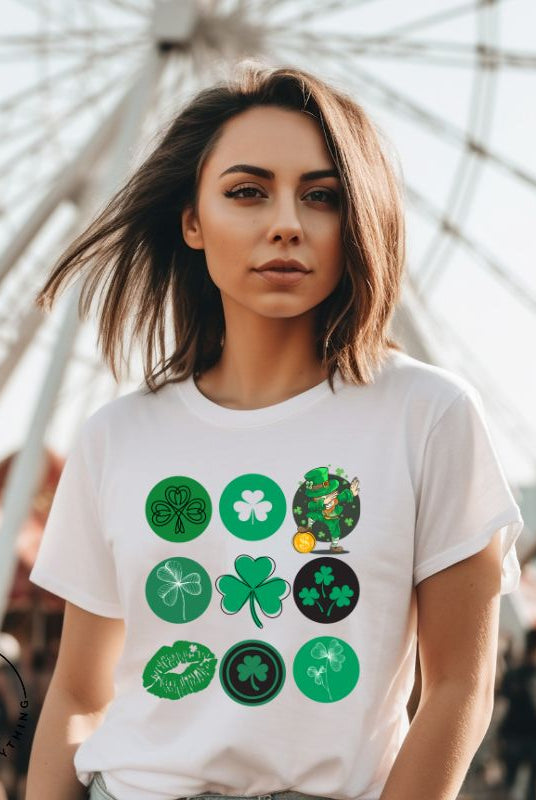 Celebrate Saint Patrick's Day in style with our Bella Canvas 3001 unisex graphic t-shirt! Get ready for the luckiest day of the year with our festive design featuring 3 rows of 3 vibrant and whimsical Saint Patrick's Day images on a white shirt. 