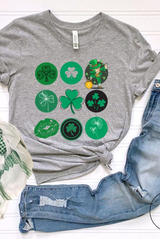 Celebrate Saint Patrick's Day in style with our Bella Canvas 3001 unisex graphic t-shirt! Get ready for the luckiest day of the year with our festive design featuring 3 rows of 3 vibrant and whimsical Saint Patrick's Day images on a grey shirt. 