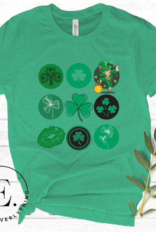 Celebrate Saint Patrick's Day in style with our Bella Canvas 3001 unisex graphic t-shirt! Get ready for the luckiest day of the year with our festive design featuring 3 rows of 3 vibrant and whimsical Saint Patrick's Day images on a kelly green shirt. 