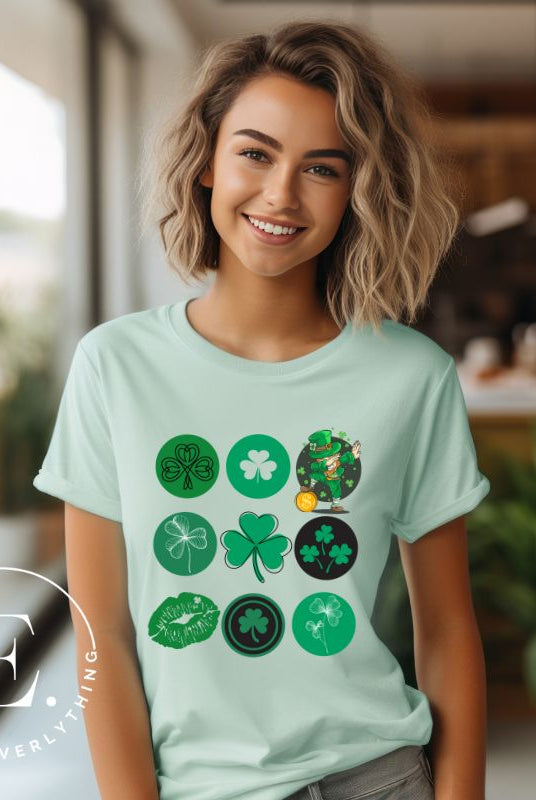 Celebrate Saint Patrick's Day in style with our Bella Canvas 3001 unisex graphic t-shirt! Get ready for the luckiest day of the year with our festive design featuring 3 rows of 3 vibrant and whimsical Saint Patrick's Day images on a mint shirt. 